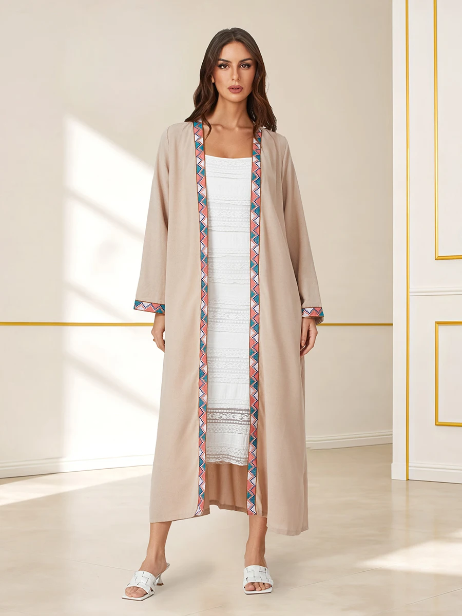 ผู้หญิง Caftan ชุด Rhombus พิมพ์แขนยาวเสื้อสเวตเตอร์ถักหลวมอาหรับ Robe สําหรับ All Seasons