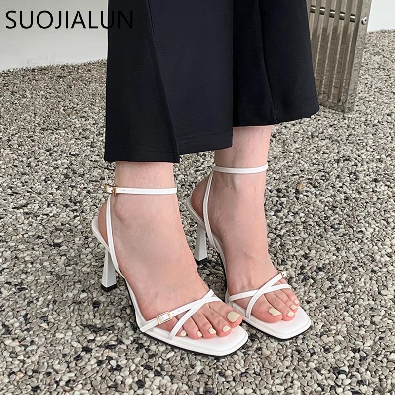 SUOJIALUN 2023 Summer New Women Sandal Shoes Fashion Red Narrow Band Ladies Elegant Gladiator Shoes Thin High Heel Dress Pumps S