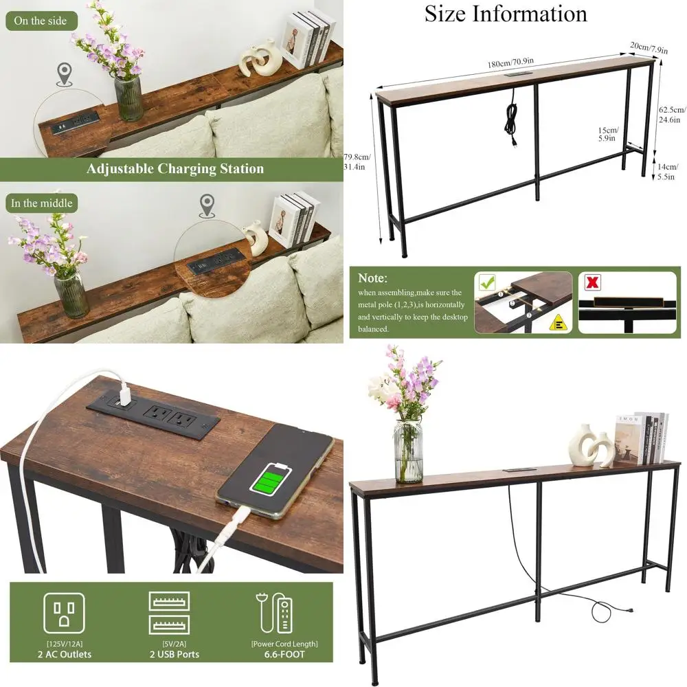 

63 Rustic Brown Slim Console Table with Power Outlet for Living Room, Hallway, and Bedroom