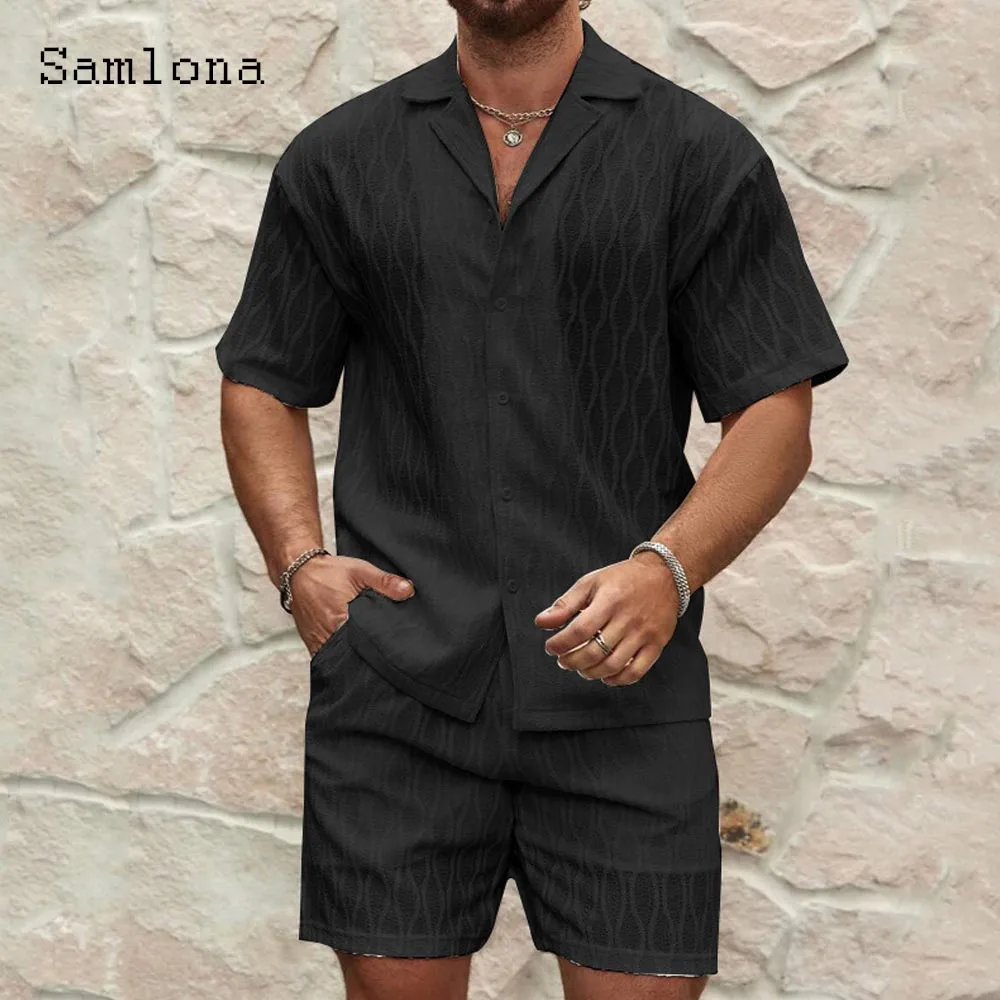 Mens Fashion Peometric Two Piece Sets 2025 Short Sleeve Casual Notched Shirt and Shorts Co-ords Men Beach Tracksuits Set New
