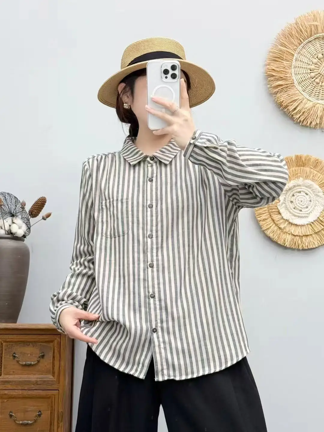 Nuova camicia a maniche lunghe in filato di cotone primavera 2025, colletto rovesciato da donna a righe, camicetta allentata morbida casual retrò Mori Girl T53122CC