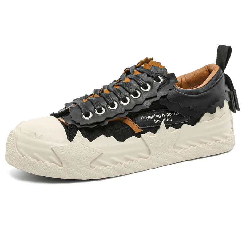 

Fashion Vintage Serrated Edge Toe Cap Leather Sneakers Men Non Slip Rubber Sole Retro Casual Skateboard Shoes New Trend Footwear