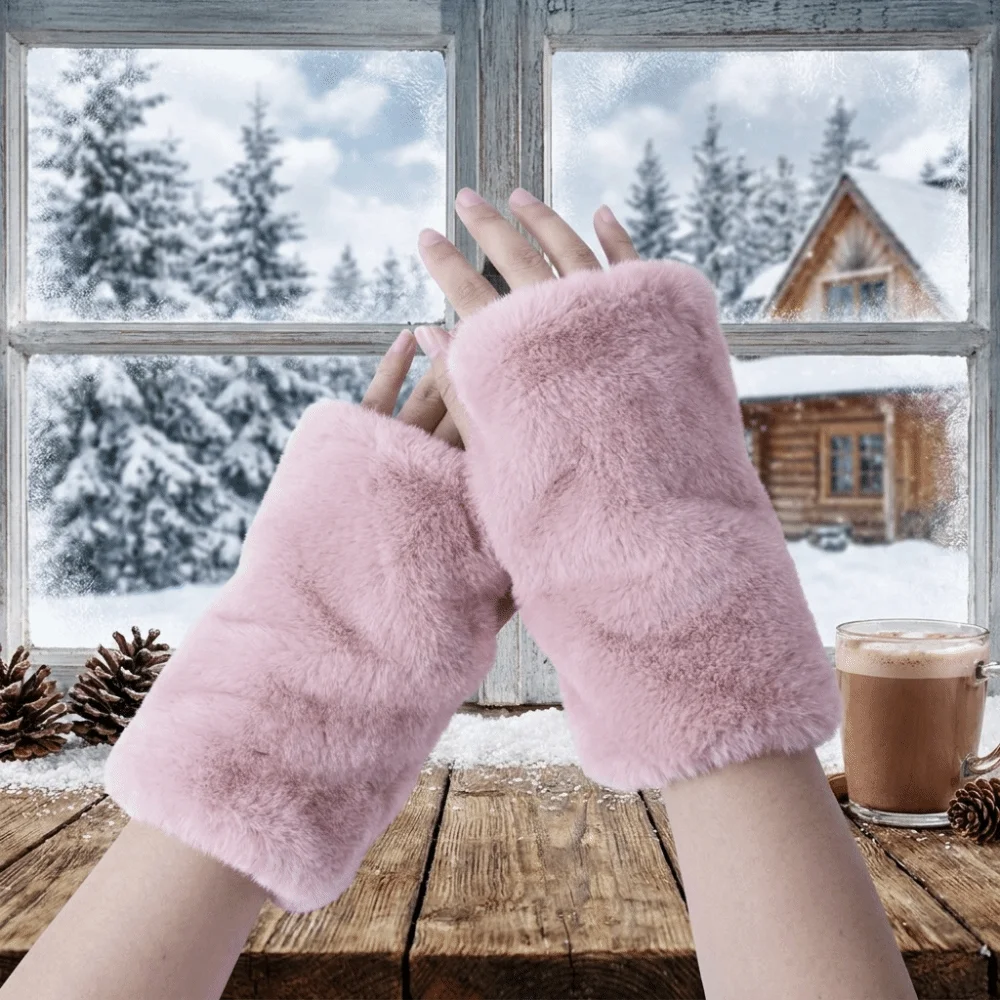 Thickened Fingerless Furry Gloves Fleece Lined Elastic Cuff Faux Fur Hand Warmer Fluffy Texture Skin Friendly