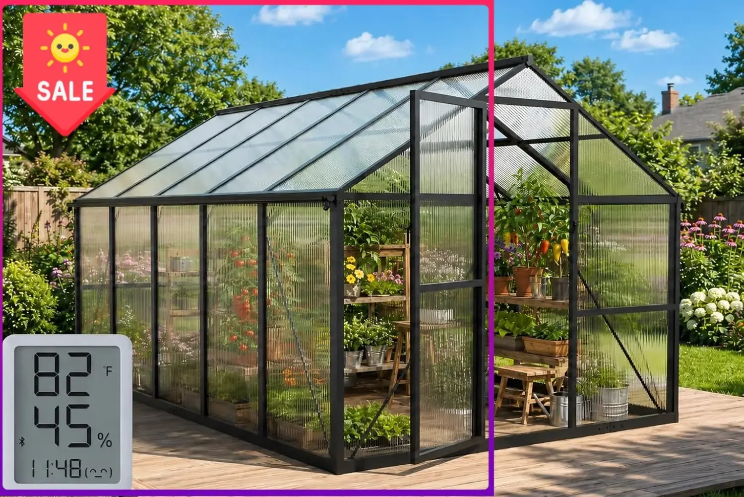 USA Stock 8X10FT Enhanced Aluminum Walk-in Greenhouse for Outdoors with Thermometer | Easy Assembly, UV-Resistant Panel, Rain Gu