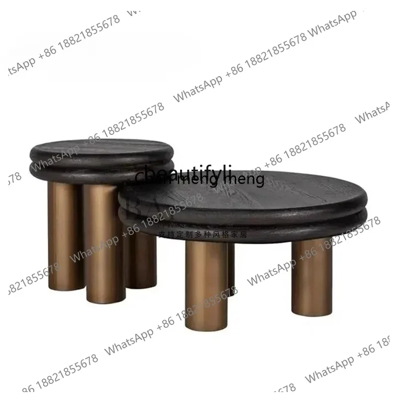 Minimalist household living room Macaron solid wood coffee table model room design  stainless steel carbon black edge table