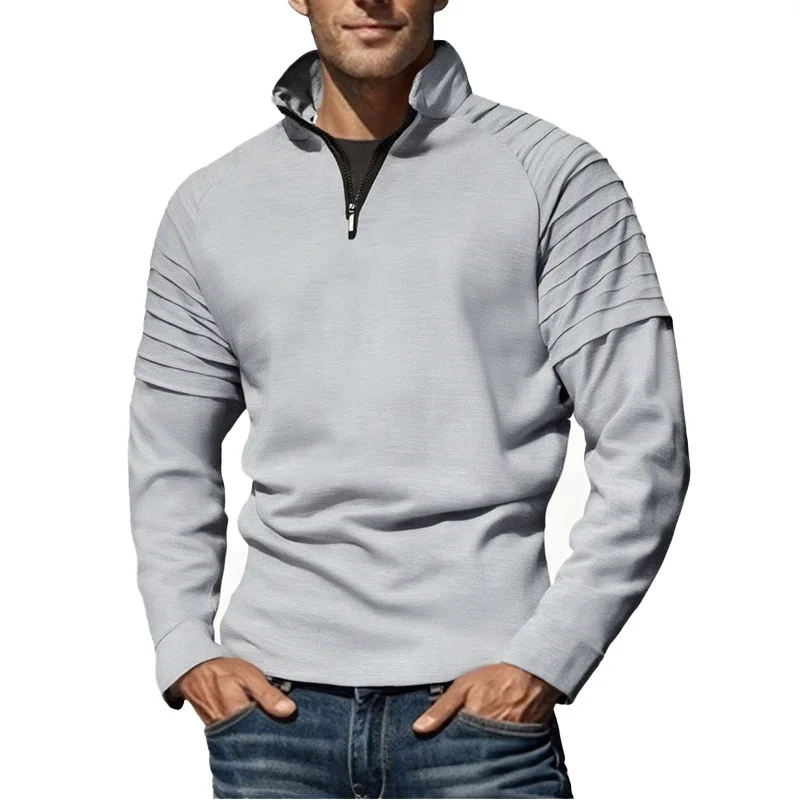 

Spring and Autumn Men's Long Sleeve POLO shirt Outdoor High Street Style Solid Color Zipper Arm Wrinkle Design Muscle Sports Top