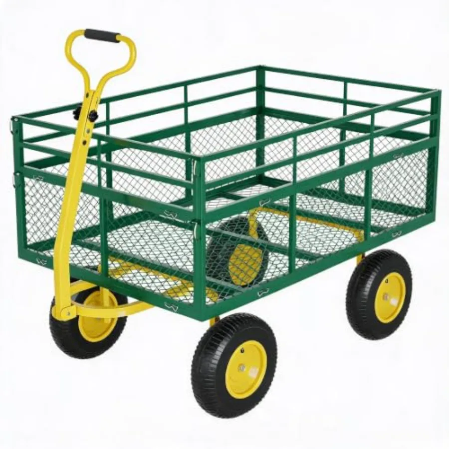 Steel Garden Cart on Wheels, 1400 Lbs Heavy Duty Yard Utility Wagon with Removable Mesh Sides, All Terrain Pneumatic Tires, Dur