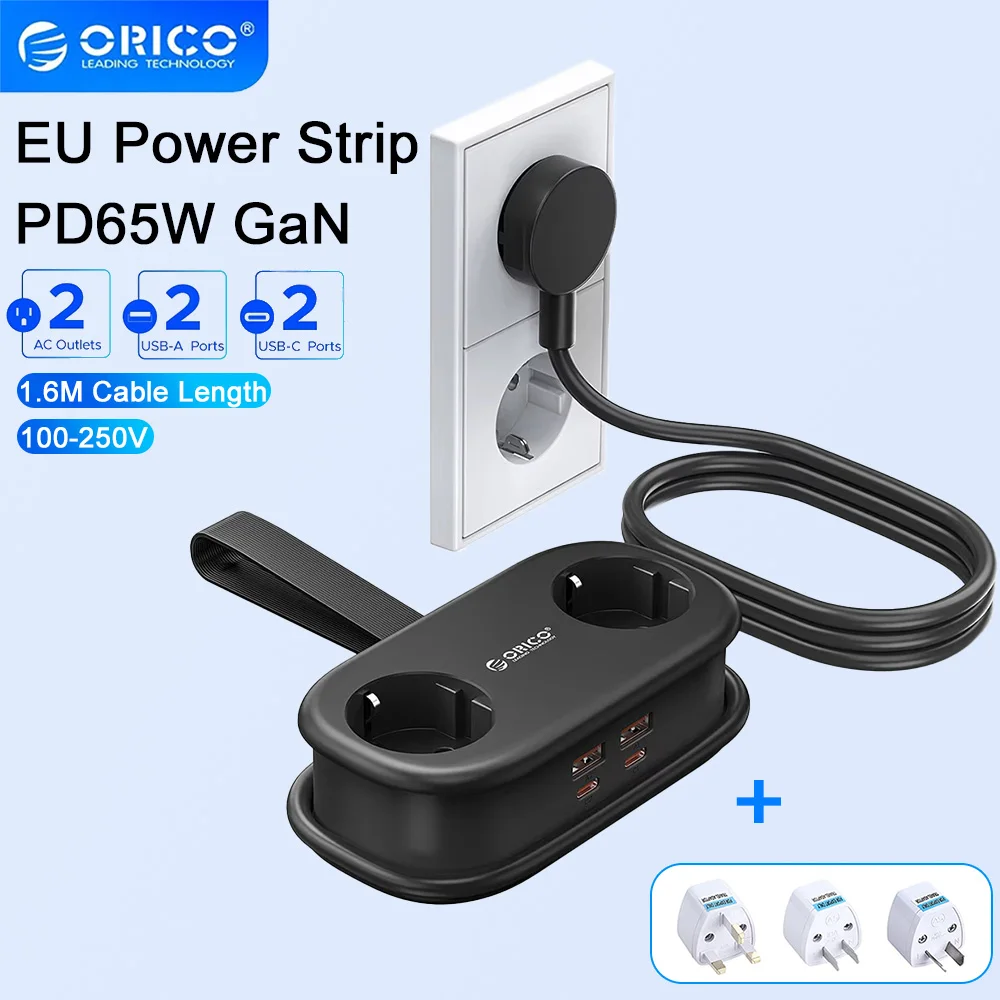 ORICO 65W GaN Fast Charging Station Portable Travel Power Strip with UK US AU Plug 2 AC Outlets 2 USB 2 Type-C EU Plug Adapter