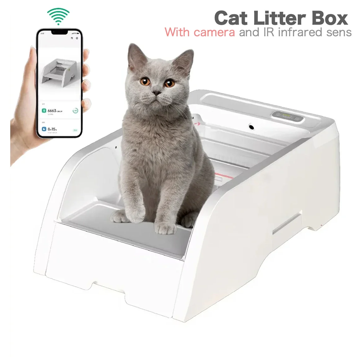 

Smart Litter Box Automatically Large Cat Toilet W/ Camera Remote Monitoring Infrared Sensor Weighable Spatter-proof Pet Supplies