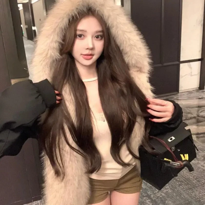 Double-Sided Warm Fur Coat Women Autumn Winter Loose Thicken Plush Cotton Coat 2026 New Women Hooded Imitation Mink Fur Outwear