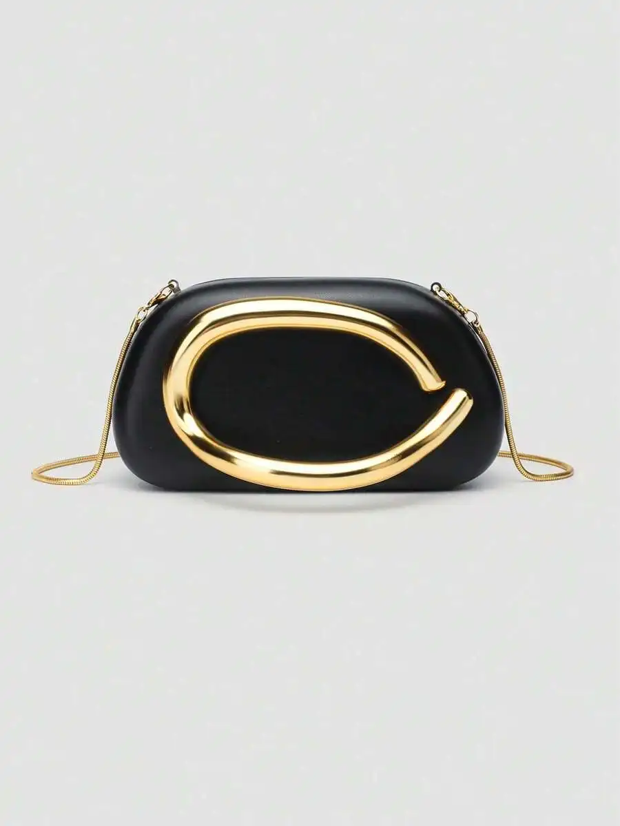 

Black Acrylic Clutch With Gold Metal Handle And Chain Strap For Evening Party