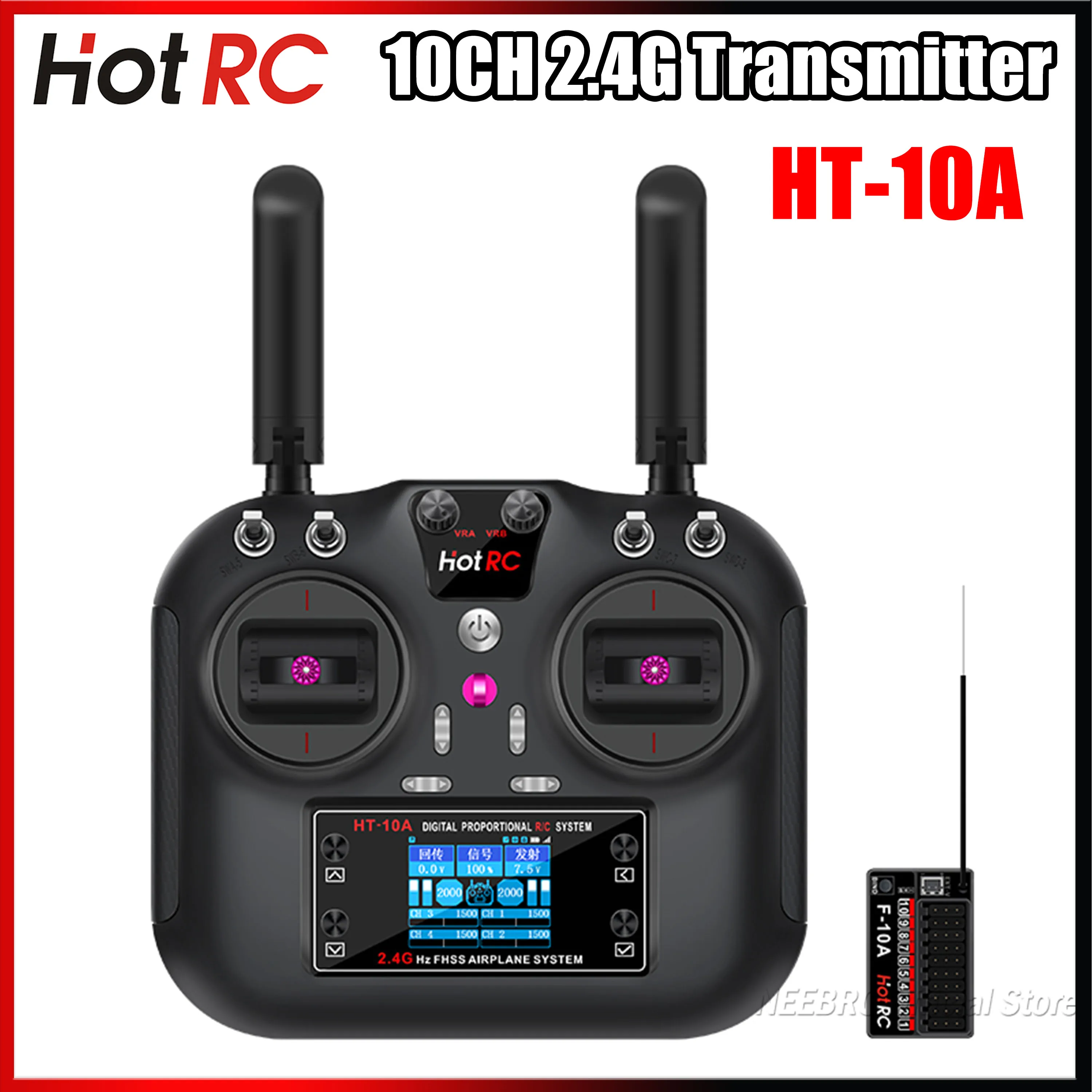 

HotRC HT-10A 10CH 2.4G PWM Transmitter F-10A Receiver Radio System for RC Aircraft Remote Control Model Vehicles Ship Boat Part