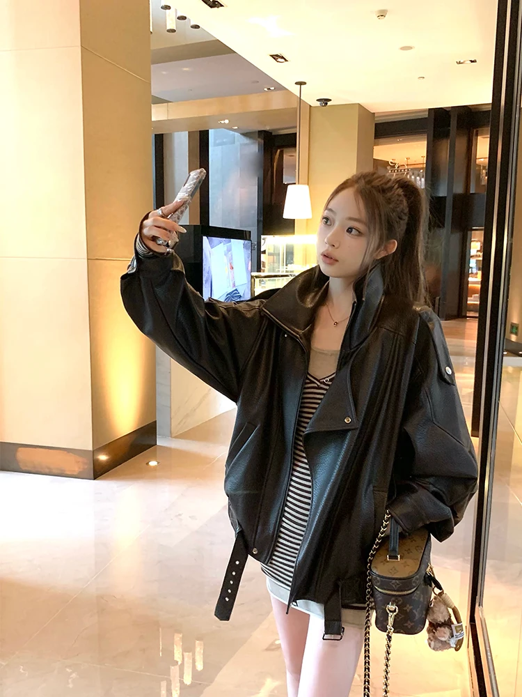 Vintage kurtka motocyklowa z motywem małpy, skórzana, damska, z kołnierzem, młodzieżowa, wykonana z PU, nie dostępna w sklepach.