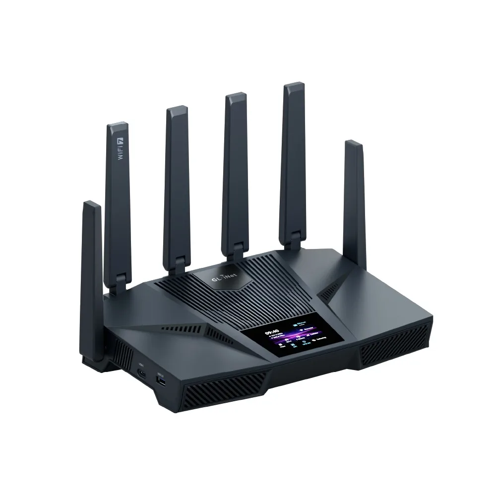 Flint 4 (GL-BE14000) Routeur Wi-Fi 7 tri-bande pour la maison, routeur hub réseau domestique haute performance pour le gaming, écran tactile 2,4", VPN 1,5 Gbps sur WireGuard et OpenVPN DCO, 64 Go de mémoire flash, double USB 3.0, réseau personnalisable