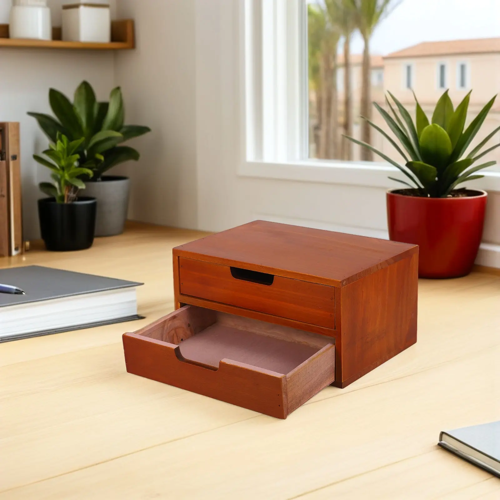 Desktop Storage Cabinet Wood Double Drawer Vintage Style Desk Organizer for Office Home Study Crafting Supplies and Stationery
