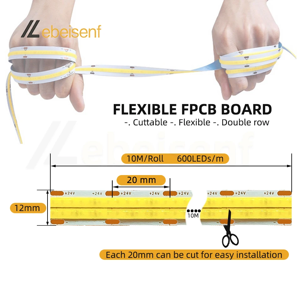 Podwójny rząd światło pasek COB LED 24V DC niskiego napięcia o wysokiej gęstości 600LEDs/M naturalna zimna ciepła biała elastyczna taśma lampa na