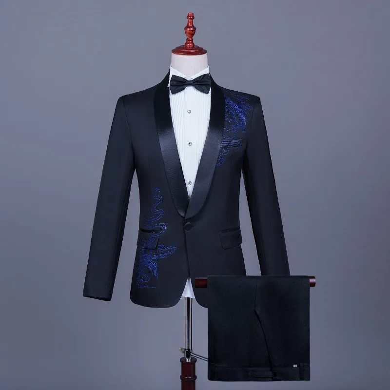 Men's Slim-Fit Phoenix-Patterned Two-Piece Stage Performance Suit, Asian Sizes (Host/Singer Style)