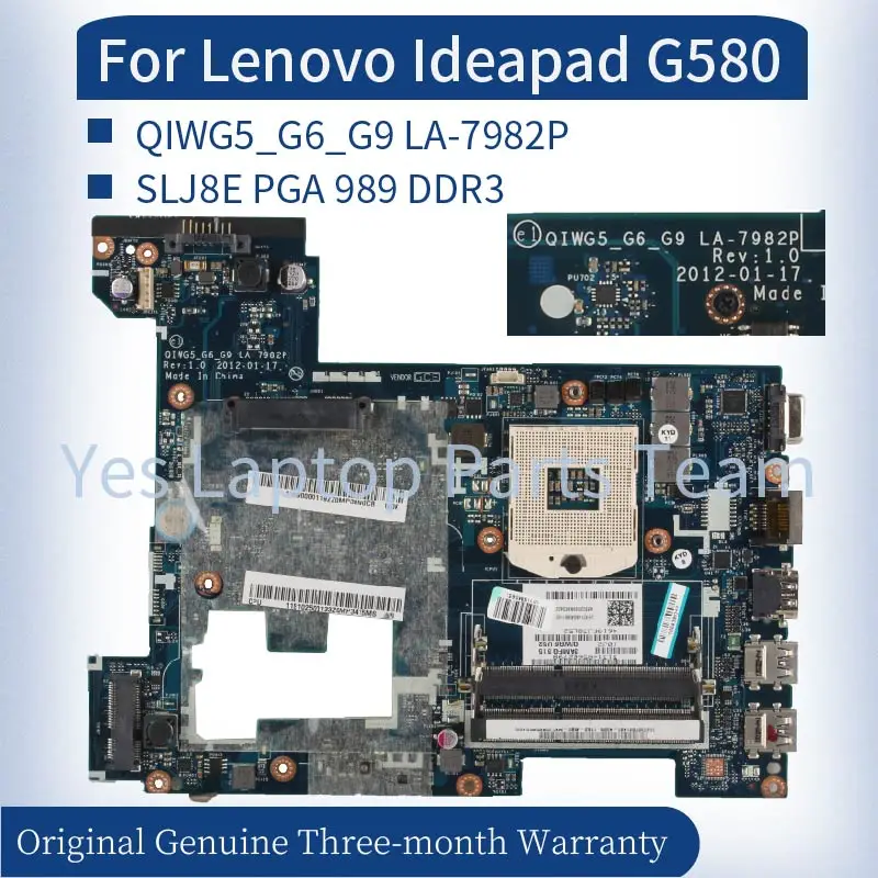 

QIWG5_G6_G9 LA-7982P для Lenovo Ideapad G580 P580, 15,6 дюймовая Материнская плата ноутбука SLJ8E PGA 989 DDR3, протестированная Материнская плата ноутбука