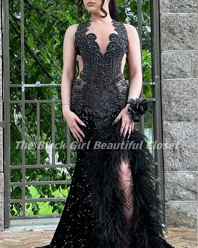 Sparkling Rhinestone Black Prom Dresses 2024 Black Girls Sexy O Neck Beaded Party Gowns High Slit Feather Ruffle Fishtail Dress