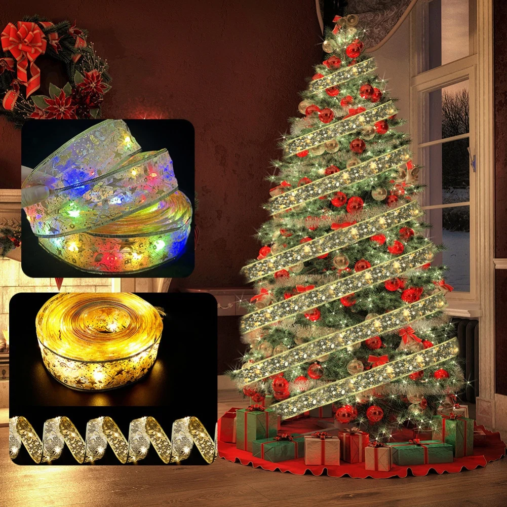 Christmas LED Ribbon Fairy Lights Christmas Decoration Xmas Tree Ornaments for Home DIY Bows Light String Navidad New Year 2024