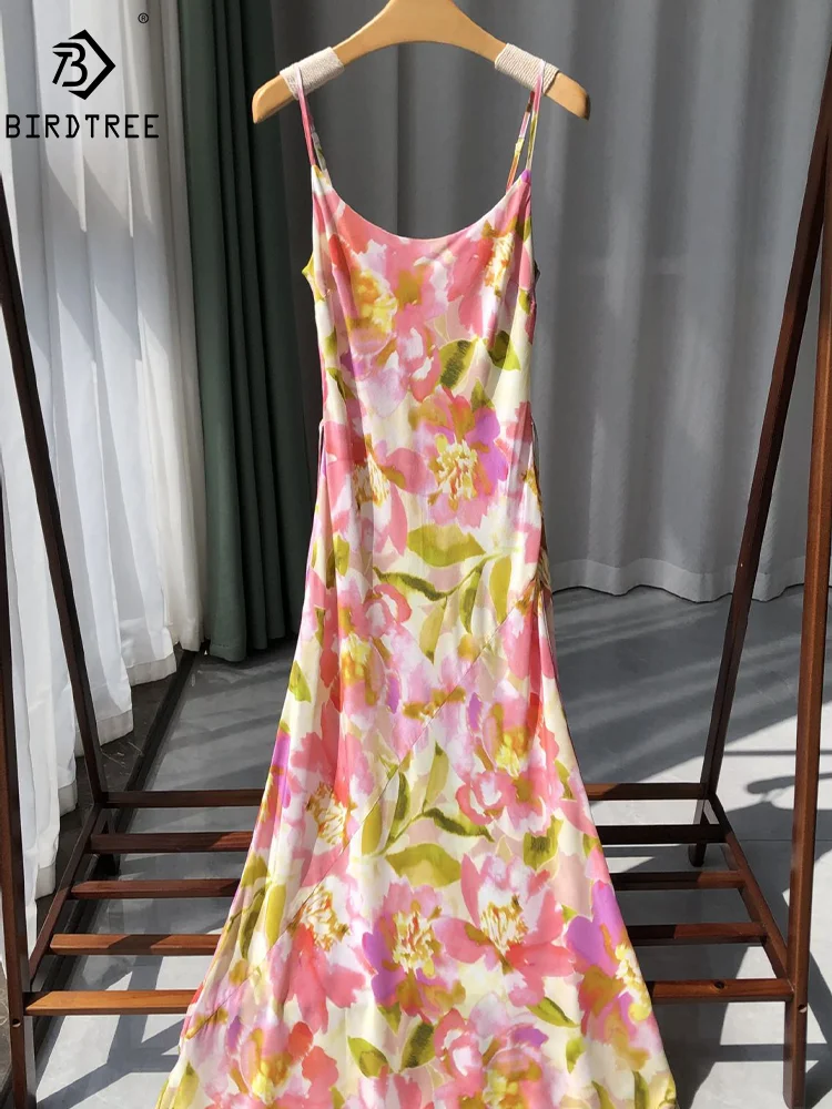 BirdTree,17MM 100%Real Silk Sexy Sweet Dresses, Women Flower Print, Party Fashion Elegant Spaghetti Dress, 2024 Summer D455129QM