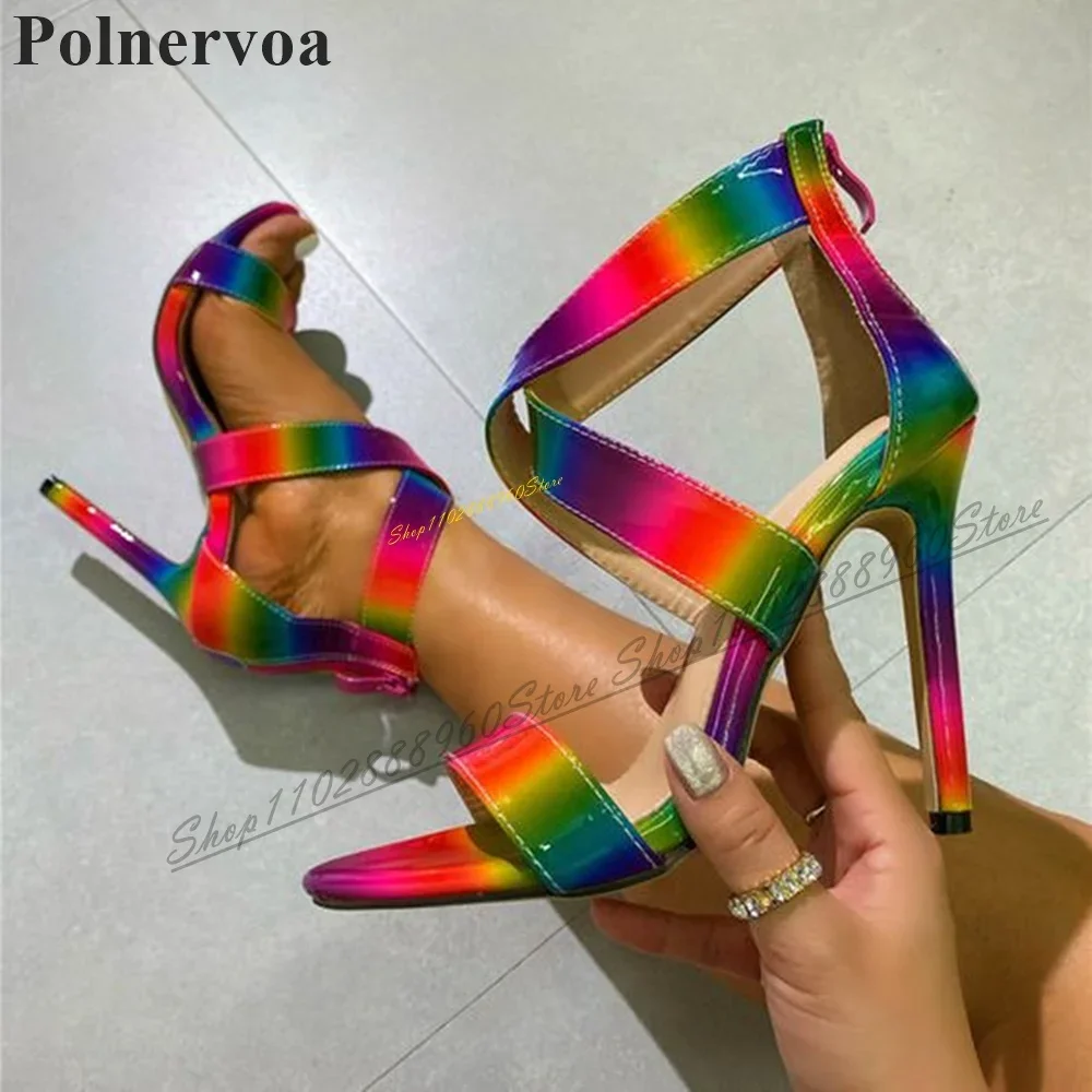 

Stylish Mixed Patent Leather Colorful Sandals Thin High Heel Women Shoes Back Zipper Open Toe 2024 Fashion Zapatos Para Mujere