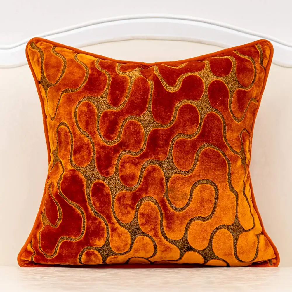 Burnt Orange Velvet Geometric Square Throw Pillow Cover Wavy Line Cushion Case ippered Pillowcase for Sofa  (No Insert)