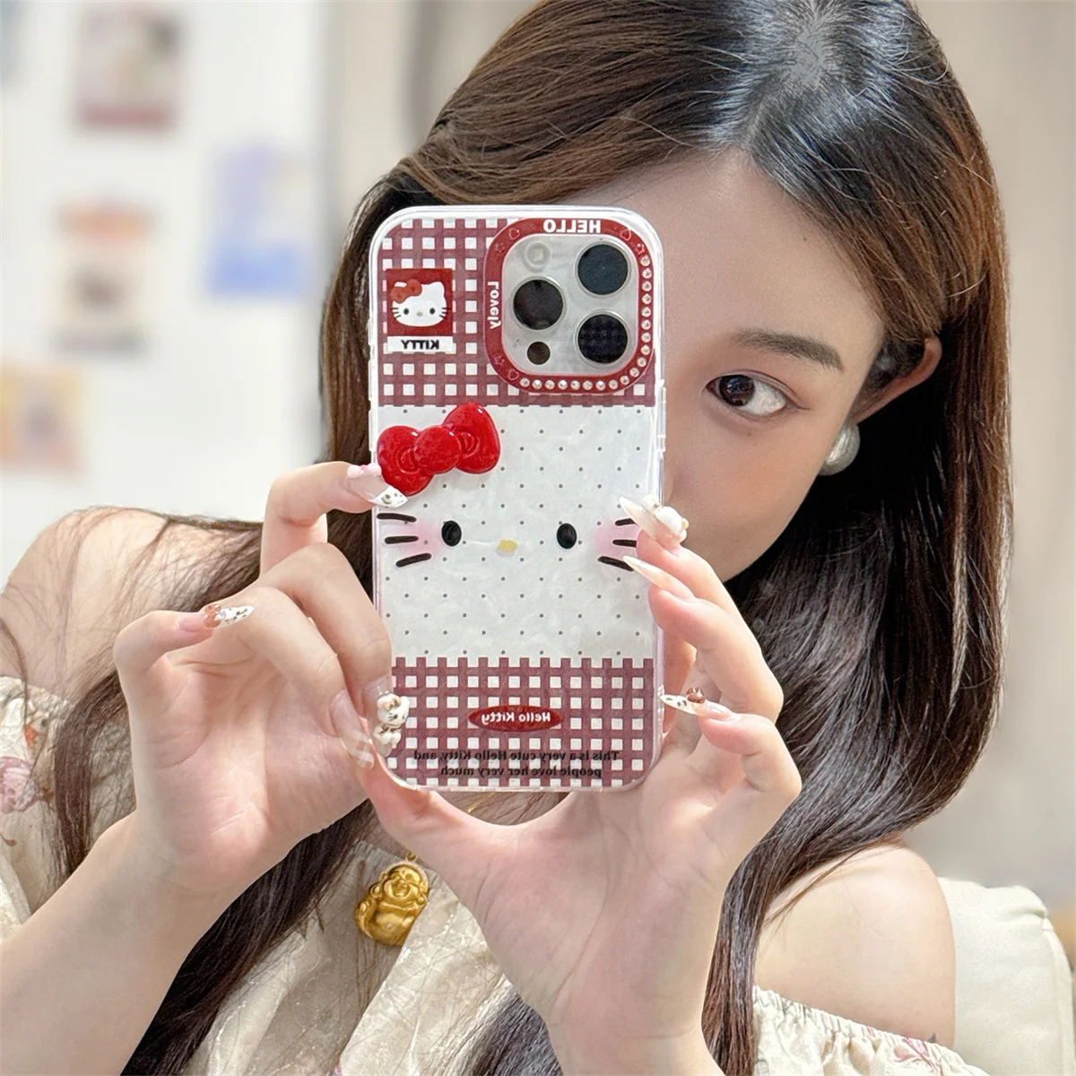 

Korean Red White Plaid Pattern Hellokitty Phone Case For iPhone 16 Pro 14 15 Pro Max Back Cover with Cute Bowknot Cases Funda