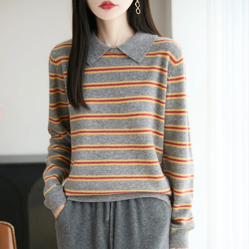 

Осень и зима, новый свитер из 100% чистой шерсти, женский свободный пуловер с воротником-поло, корейский модный вязаный женский топ с цветными блоками