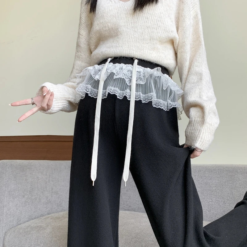 

Maternity Pants Autumn/Winter New Arrival Knitted Lace Straight Wide-Leg Trousers Casual Slim Floor-Length Trousers Pregnancy