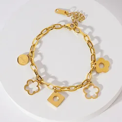 Stainless Steel Five Leaf Clover Flower Charm Bracelet For Women Fashion Chain Gold Color Jewelry Gift for Female Wedding