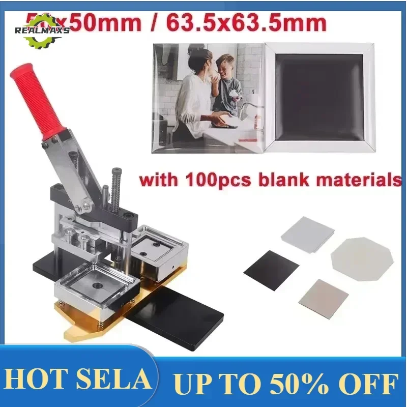 Square Refrigerator Badge Press Machine 50x50mm/63.5x63.5mm Rotating Manual Fridge Magnet Making Machine with 100PCS Magnet Part