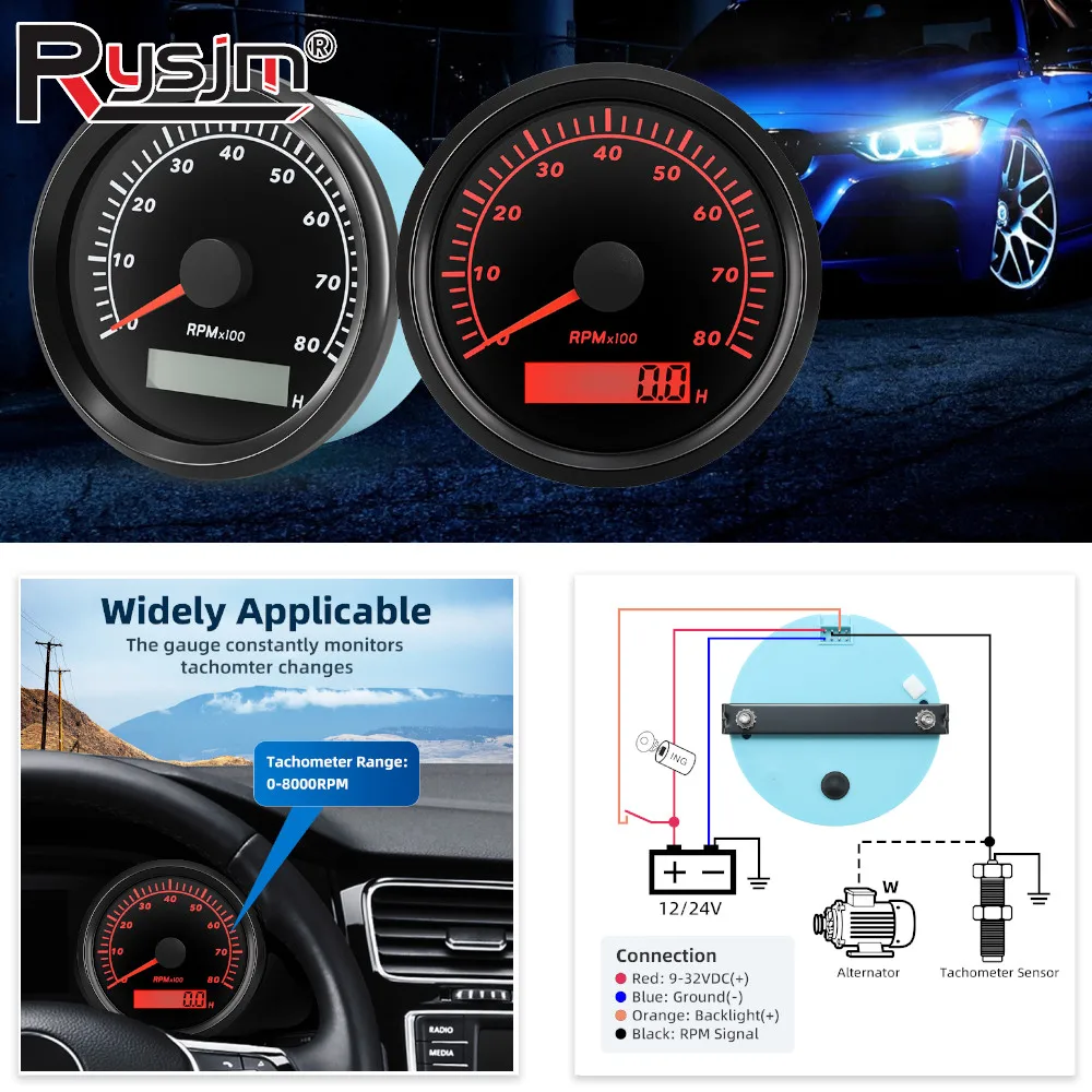 

﻿ Тахометр 85 мм, 0~8000 об/мин, с счетчиком моточасов, с красной подсветкой, универсальный для автомобилей и лодок, 12В/24В