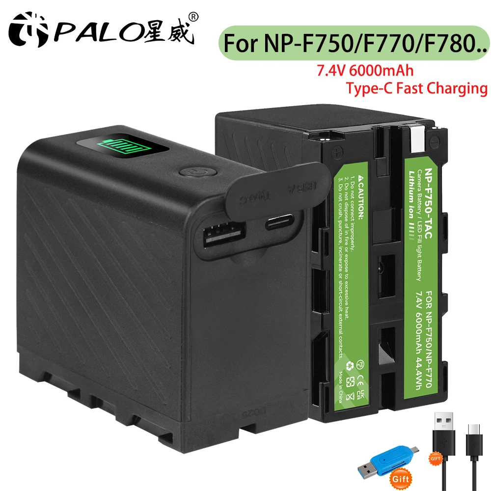 

6000mAh NP-F750 NP-F770 Battery NP F750 NP-F550 LED Power Indicator Battery + Type-C Port for Sony NP-960 F970 CCD-TRV58 MC1500C