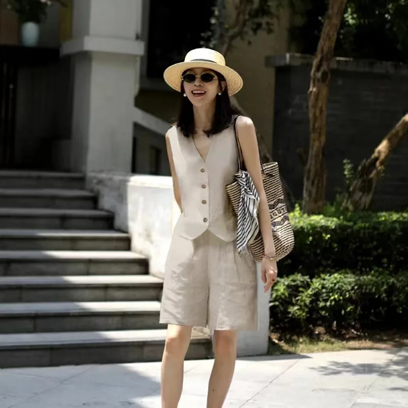 Linen Suit Vest Shorts Suit Women's 2026 New Summer Thin Cotton and Linen Outer Vest