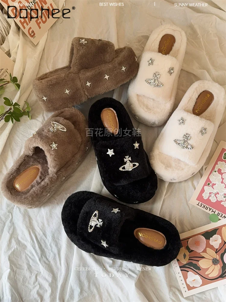 

Saturn Rhinestone Thick Soled Fluffy Slippers Women 2025 New Home Flat Platform Indoor Shoes Cozy Fuzzy Star Korean Slides