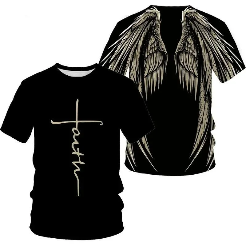 

Модная мужская футболка с крестообразным узором Иисуса, забавные топы с короткими рукавами и 3D принтом крыльев, повседневные свободные футболки с круглым вырезом, летний пуловер