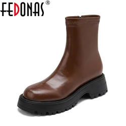 FEDONAS Punk Retro Women Ankle Boots Genuine Leather Thick High Heels Side Zipper Warm Short Shoes Woman Round Toe Boots