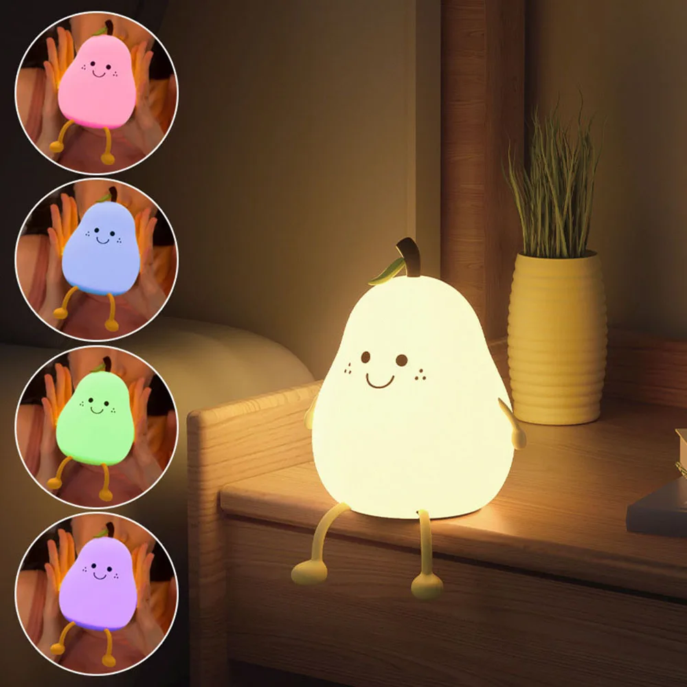 Led Cute Pear Night Light 7Colors Dimmable Nursery Pear Lamps Touch Control Silicone Table Lamp Super Squishy Rechargeable Lamp