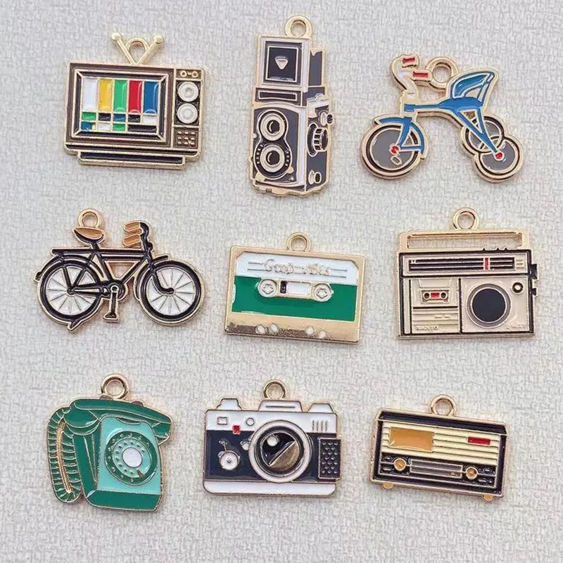 10pcs Vintage Enamel Camera Bicycle Charm for Jewelry Making Earring Pendant Bracelet Necklace Accessories Diy Craft Supplies