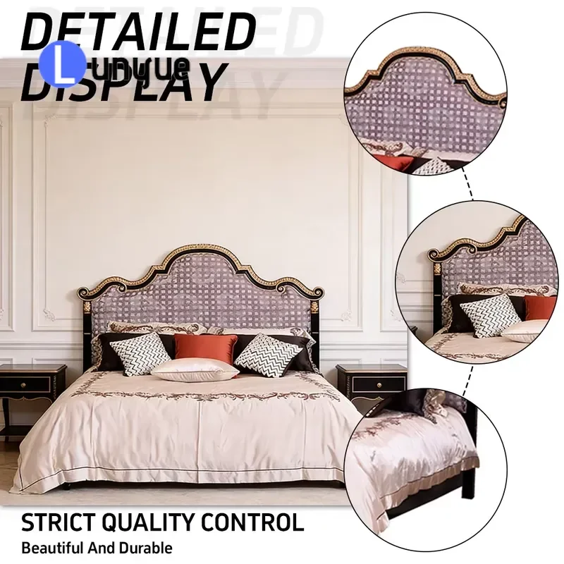 French Style Fabric Upholstered Wooden Bed with Black Lacquer and Exquisite Gold Leaf Decoration King Size Bedroom Furniture