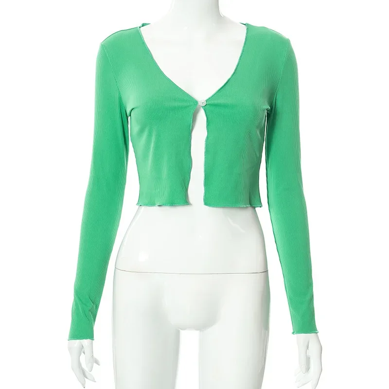 Solid Color Waisted V-neck Long-sleeve Single-button Egirl Y2k Shirt Cardigan Crop Top Shirts for Women Green Tops 2024 Spring