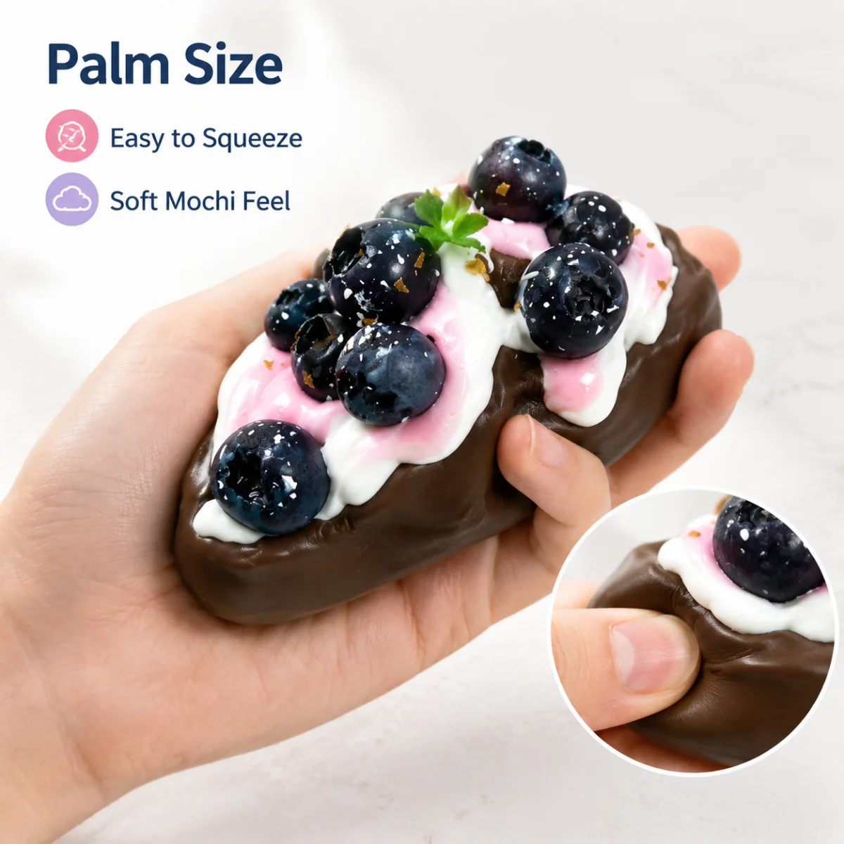 Kawaii Imitation Fruit Long Pastry Mochi Squishy Toy Food Grade Soft Silicone Blueberry Topping Cream Drip Ornament Squeeze Toy