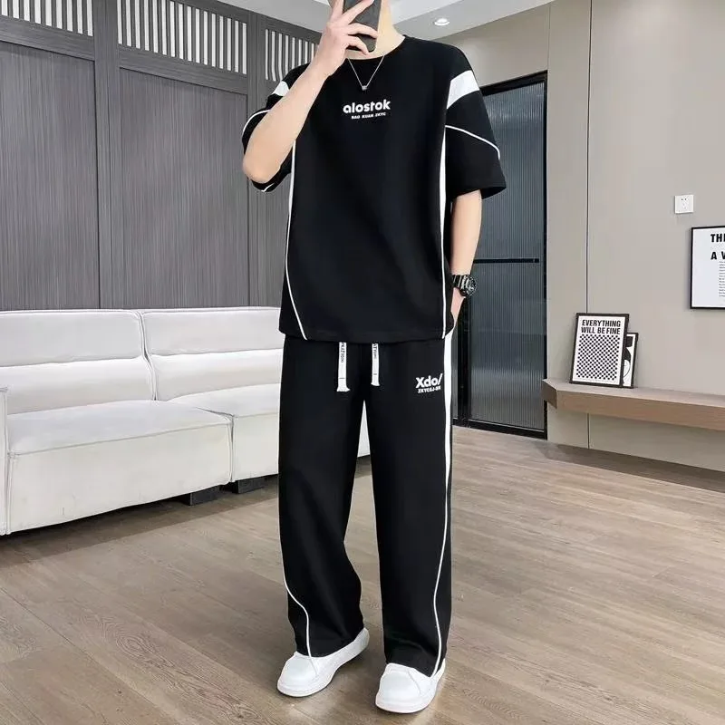 Hot Selling New Men's Casual Tracksuit Fashionable and Trendy Printed Versatile Round Neck T-shirt Sweatpants Two-piece Set