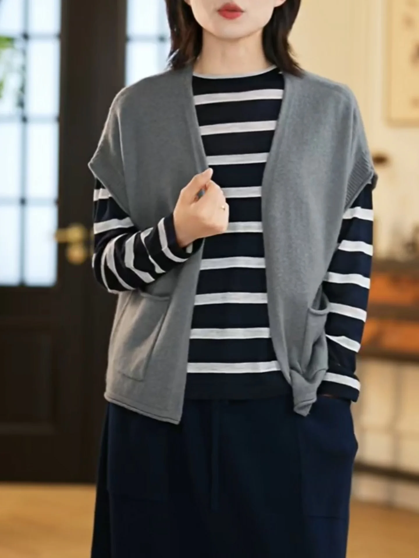 

ay Oversized V-Ne Svel Knitted Open Cardigan Women's Faionable Versatile Loose Fit Autumn Winter Layering Vest