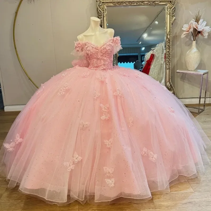 Pink Beading Shiny Ball Gown Quinceanera Dresses Off Shoulder Princess Big Bow Lace Tull Sequin Birthday Party New Arrivals 2024