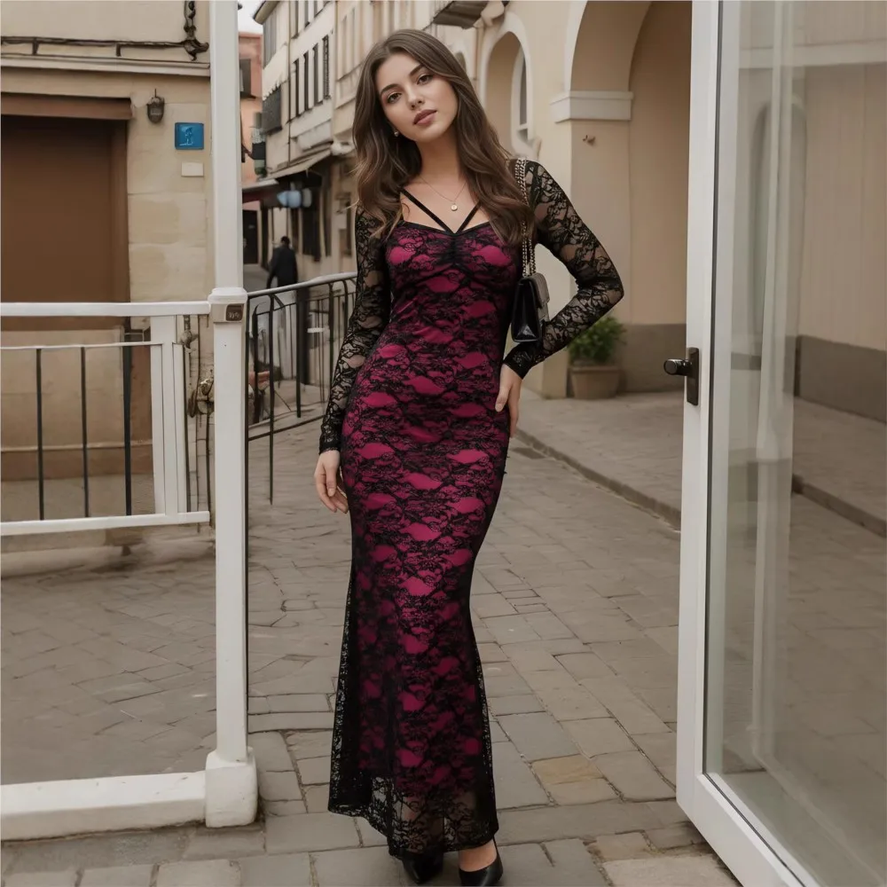 Party Dresses For Woman Sexy Slim Lace Long Sleeves Dress Bodycon Contrast Vestidos Package Hip Elegant Temperament Robe Trendy