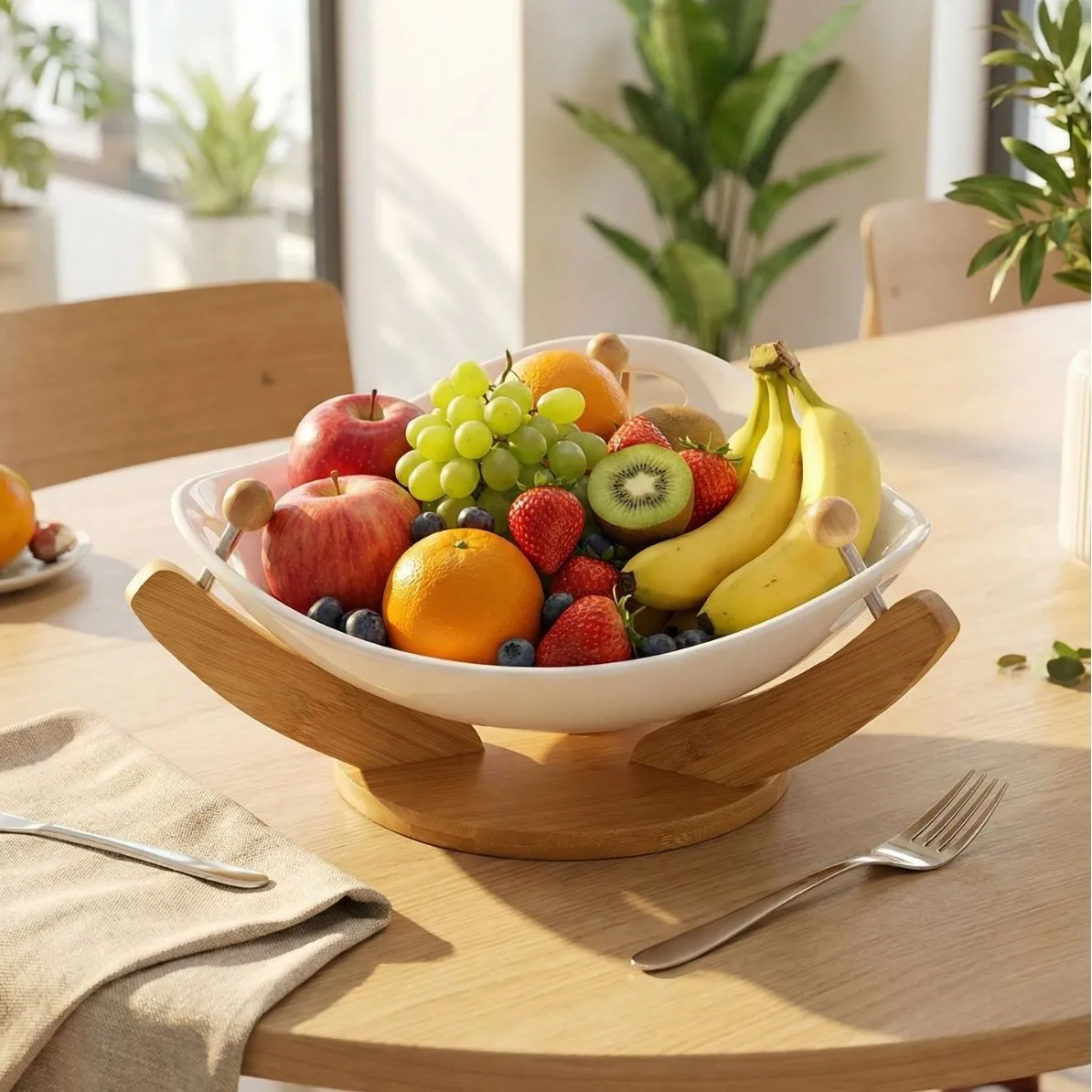 Bamboo Support Ceramic Fruit Plate, Large Capacity Home Fruit Basket, Nordic Style Living Room Snack Storage Tray