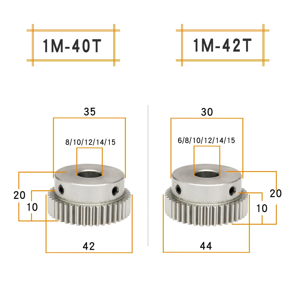 1 Piece Gear Wheel 1M-40T/42T Bore Size 8/10/12/14/15 mm 304 Stainless Steel Motor Gear Teeth Thickness 10 mm Total Height 20 mm