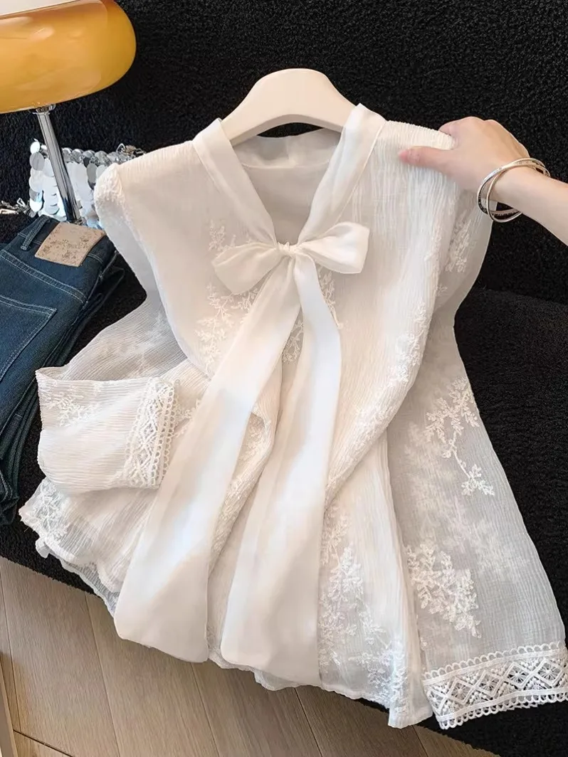 French Style Embroidered Lace V-Neck Knot Top White Shirt Texture Sensation Women's Loose Fit Long Sleeve ...
